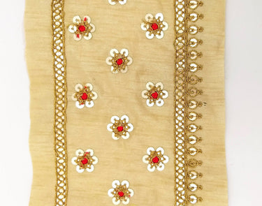 Beige Silk Trim In Red and Gold Sequins Floral Embroidery, Indian Sari Border Trim By Yard Decorative Trim Craft Lace